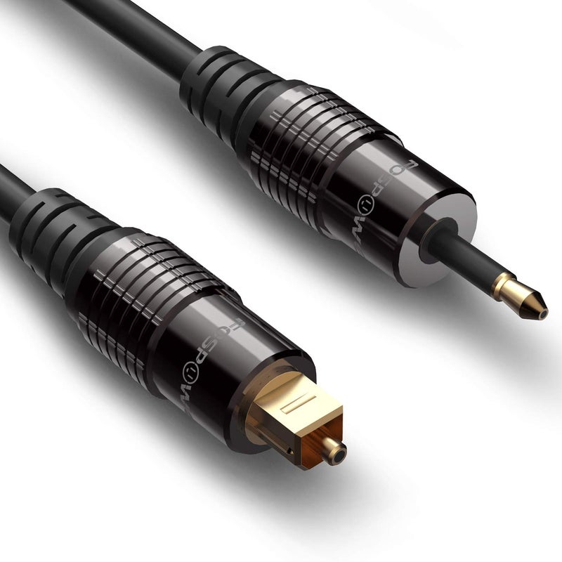 FosPower 24K Gold Plated Toslink to Mini Toslink Digital Fiber Optical S/PDIF Audio Cable with Metal Connectors & Strain-Relief PVC Jacket - 10ft - Image 1